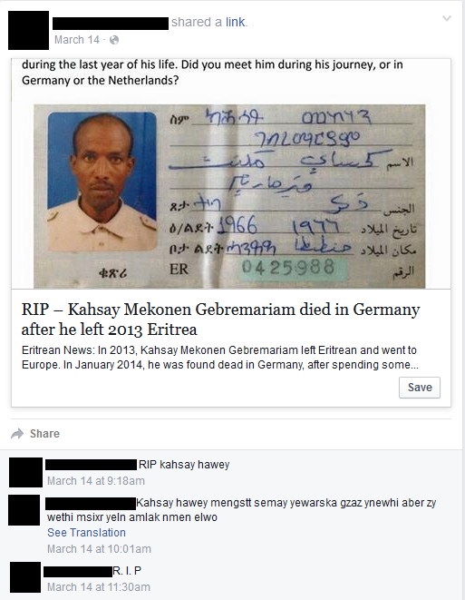 Oproep op Facebook via Misisng Eritreans